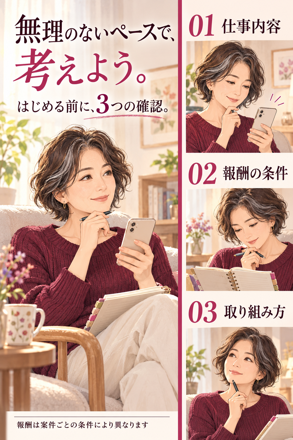 はじめる前に3つの確認。01 仕事内容、02 報酬の条件、03 取り組み方。報酬は案件ごとの条件により異なります。