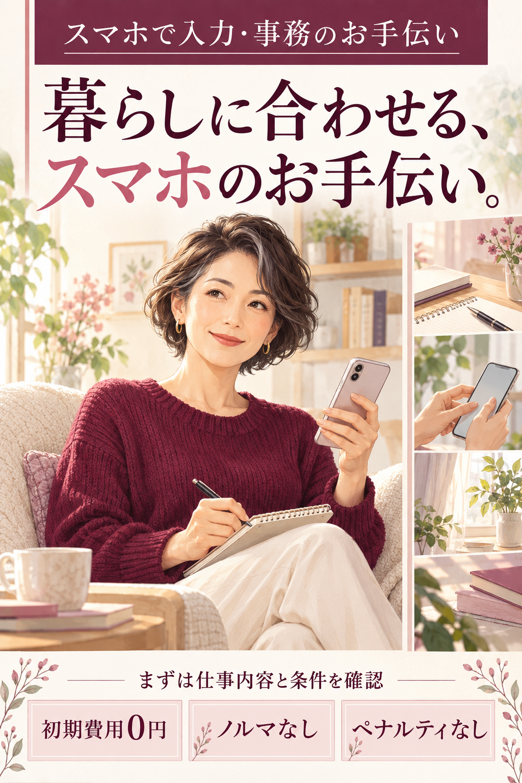暮らしに合わせる、スマホのお手伝い。 スマホで入力・事務のお手伝い。初期費用0円・ノルマなし・ペナルティなし。まずは仕事内容と条件を確認。